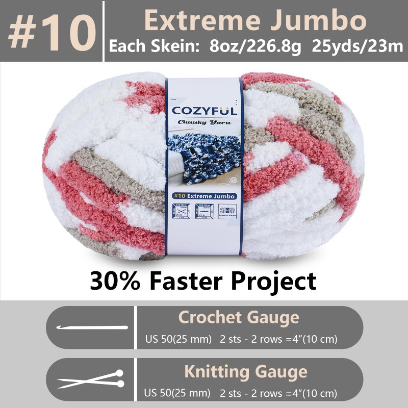 Cozyful Chunky Yarn for Hand Knitting - #10 Chunky Chenille Blanket Yarn, Jumbo Big Thick Chunky Yarns for Crocheting, Tie Dye Bulky Knit Yarns, 8 Skein (25 yds 8 oz Each Skein), Khaki & Rose & White - Image 2