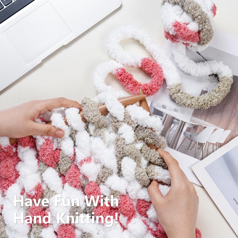 Cozyful Chunky Yarn for Hand Knitting - #10 Chunky Chenille Blanket Yarn, Jumbo Big Thick Chunky Yarns for Crocheting, Tie Dye Bulky Knit Yarns, 8 Skein (25 yds 8 oz Each Skein), Khaki & Rose & White - Image 5