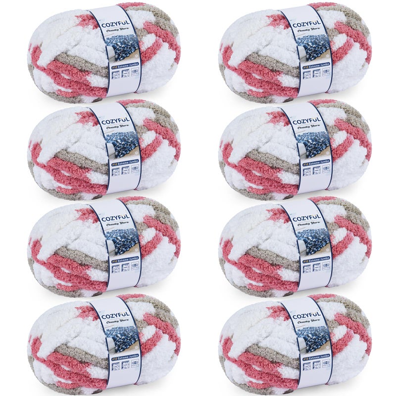 Cozyful Chunky Yarn for Hand Knitting - #10 Chunky Chenille Blanket Yarn, Jumbo Big Thick Chunky Yarns for Crocheting, Tie Dye Bulky Knit Yarns, 8 Skein (25 yds 8 oz Each Skein), Khaki & Rose & White - Image 1