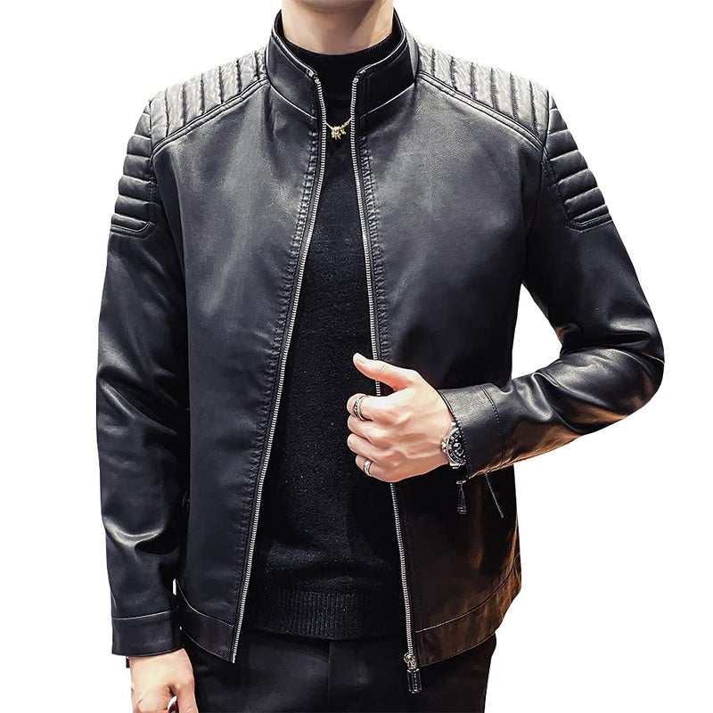 Womleys Mens Casual Stand Collar Slim Fit Faux Leather Jacket Biker Motorcycle Jacket XBlack Small - Image 2
