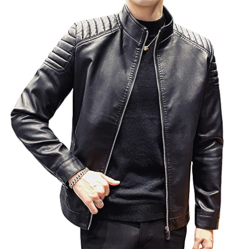 Womleys Mens Casual Stand Collar Slim Fit Faux Leather Jacket Biker Motorcycle Jacket XBlack Small - Image 3