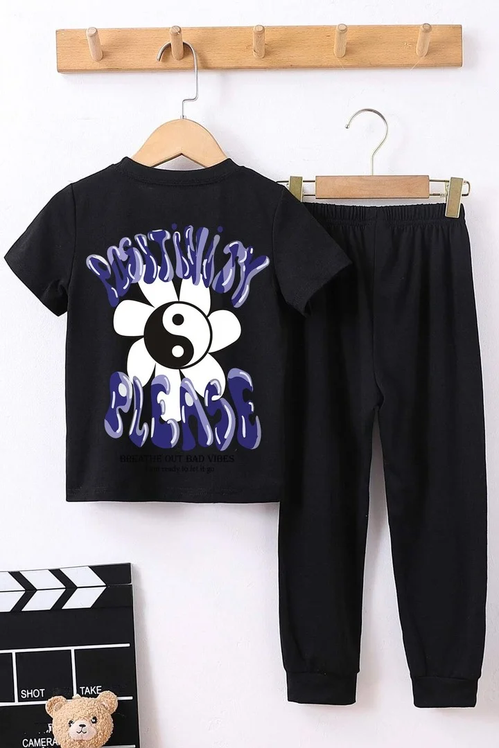 ONLYTRENDWEAR Childrens Positivity Bottom - Top Tracksuit Set 3-4 Years Old Black