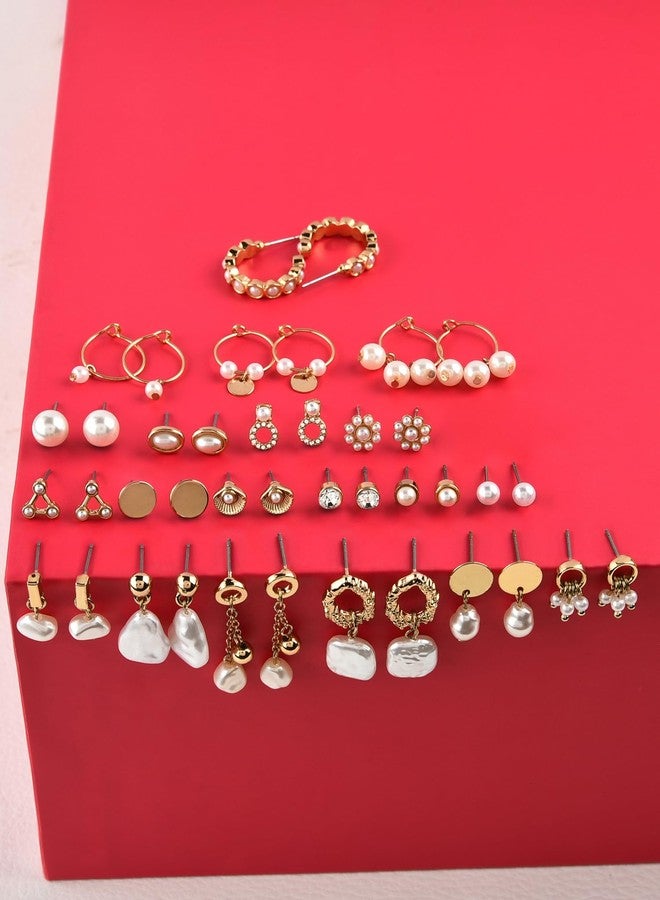 Ami Gold Tone Set Of 20 Contemporary Pearls Drop, Studs and Hoop Earrings For Women-ZPFK19437 - Image 2