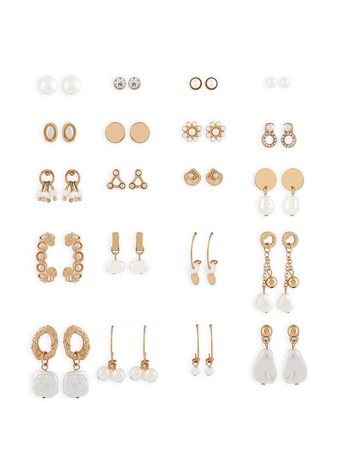 Ami Gold Tone Set Of 20 Contemporary Pearls Drop, Studs and Hoop Earrings For Women-ZPFK19437 - Image 1