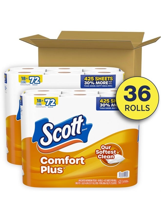 Scott - ComfortPlus Toilet Paper, 36 Mega Rolls (2 Packs of 18), 425 Sheets per Roll, Septic-Safe, 1-Ply Toilet Tissue - Image 1