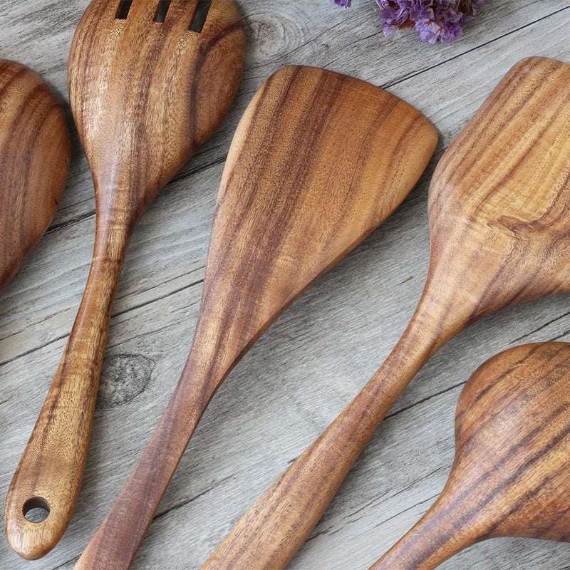 ADLORYEA Wooden Spoons for Cooking, Kitchen Utensils Set for Nonstick Cookware, 5-Piece Wood Spatulas Spoons Kitchen Tools Made by 100% Eco-friendly Natural Teak for Cooking & Serving - Image 3