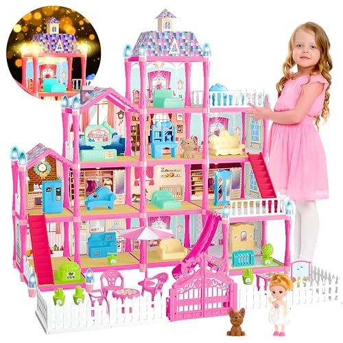 OCTERIC Doll House for Girls13 Rooms Dollhouse with 2Dolls Figure Lights PuppiesFurnitures Accessories Toddler Playhouse Gift for for 3 4 5 6 7 8 9 10 Year Old Girls Toys Pink - Image 1