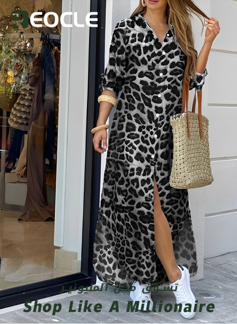 REOCLE Spring And Summer Shirt Long Skirt Dress for Women Casual Loose Design Long-sleeved Design Modify Figure  - Image 3
