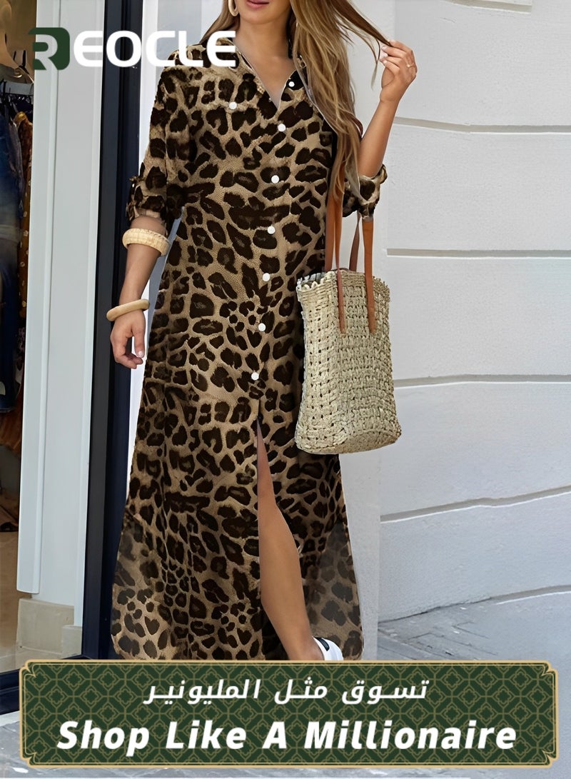 REOCLE Spring And Summer Shirt Long Skirt Dress for Women Casual Loose Design Long-sleeved Design Modify Figure  - Image 1