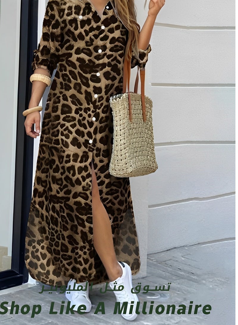 REOCLE Spring And Summer Shirt Long Skirt Dress for Women Casual Loose Design Long-sleeved Design Modify Figure  - Image 2