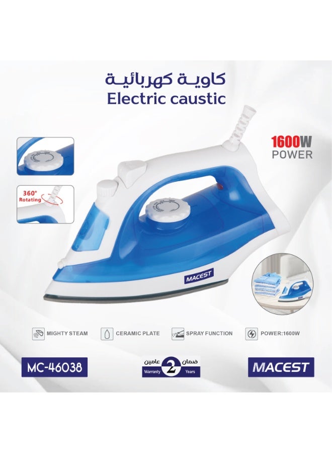 Macest Steam Iron with Spray Function, Model MC-46038 1600W 360-degree rotating cord
