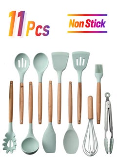 11-Piece Wooden Handle Bucket Cookware Spoon Set,, Mint Green – Durable Kitchen Utensils for Cooking, Stirring, Serving, Eco-Friendly and Stylish