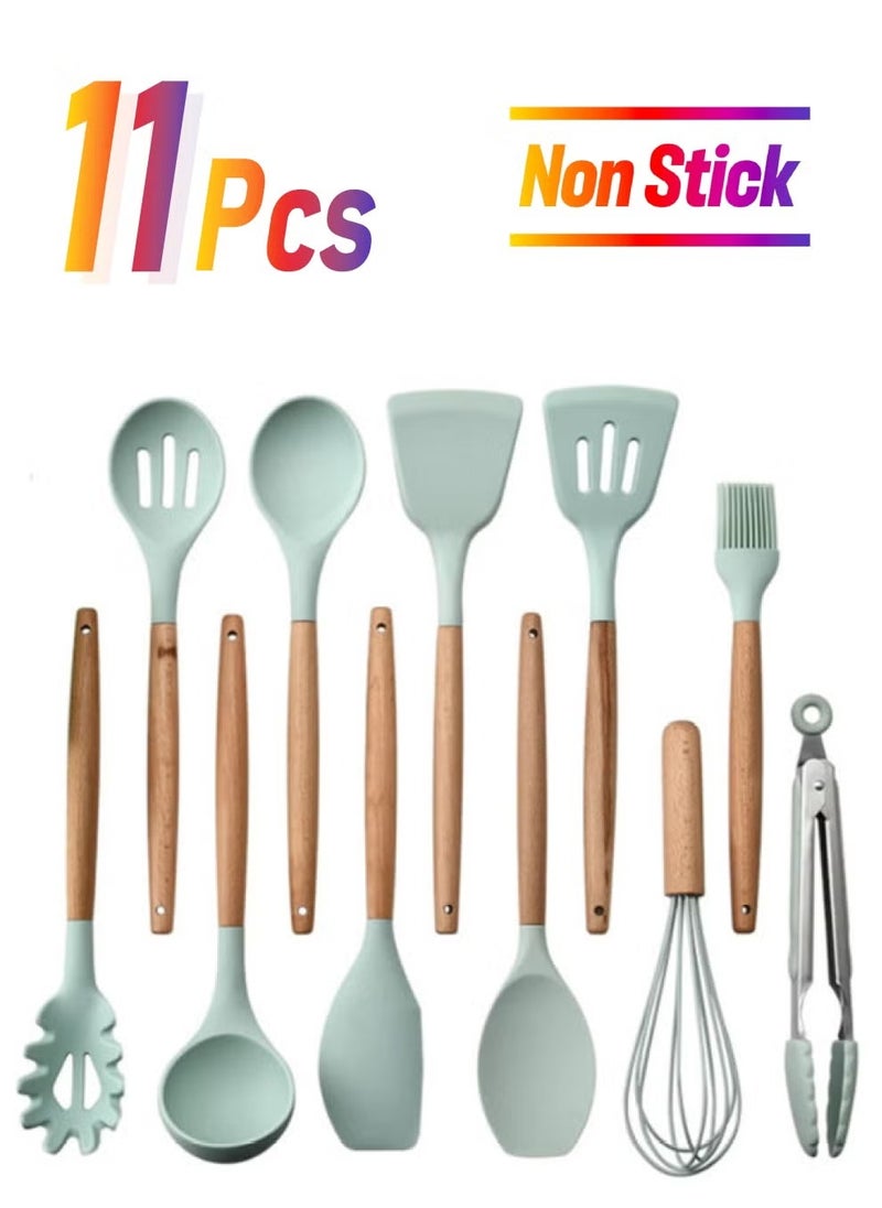 TIGER - 11-Piece Wooden Handle Bucket Cookware Spoon Set,, Mint Green – Durable Kitchen Utensils for Cooking, Stirring, Serving, Eco-Friendly and Stylish - Image 1