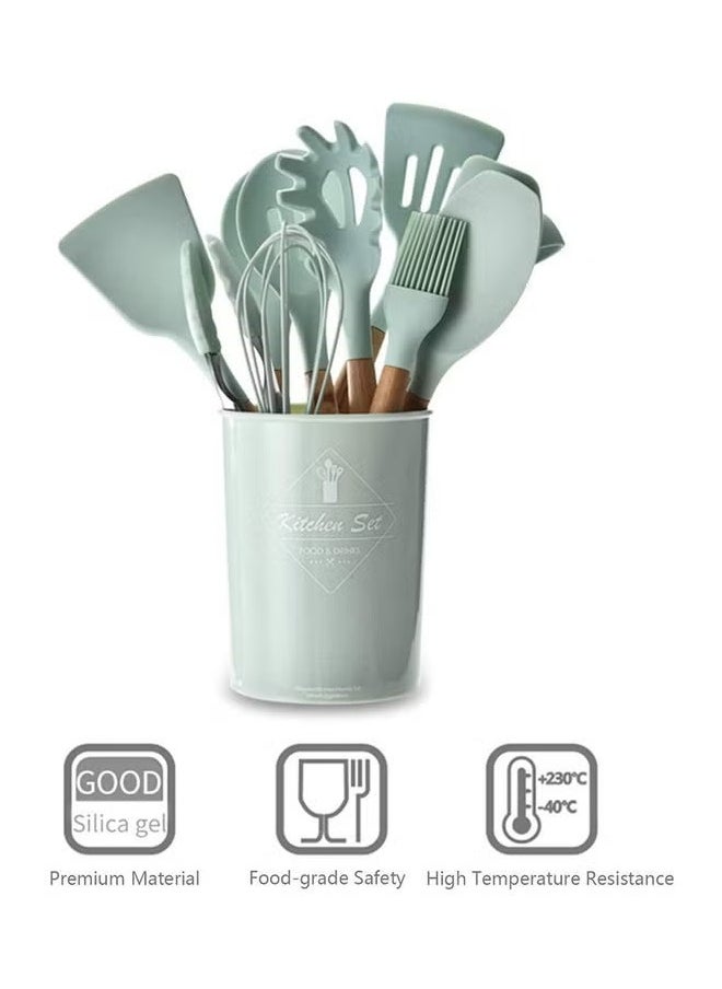 TIGER - 11-Piece Wooden Handle Bucket Cookware Spoon Set,, Mint Green – Durable Kitchen Utensils for Cooking, Stirring, Serving, Eco-Friendly and Stylish - Image 1