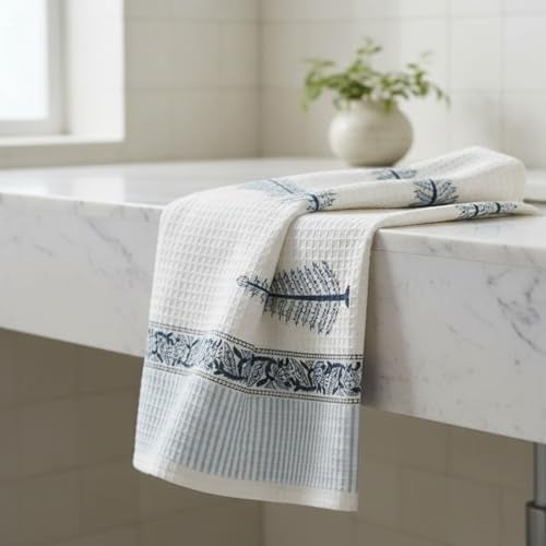 Peepul Tree Block Printed Hand and Bath Towels, Super Absorbent, Soft & Faster Drying, Floral Printed 100% Pure Cotton, 240 GSM (2 Hand and 1 Bath Towel Set, Blue) - Image 1