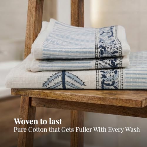 Peepul Tree Block Printed Hand and Bath Towels, Super Absorbent, Soft & Faster Drying, Floral Printed 100% Pure Cotton, 240 GSM (2 Hand and 1 Bath Towel Set, Blue) - Image 4