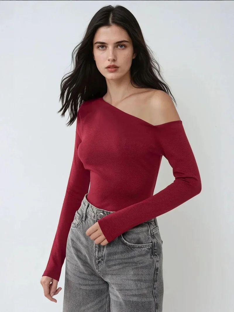 HICCUP Asymmetrical Neck Long Sleeve Slim Fit Top