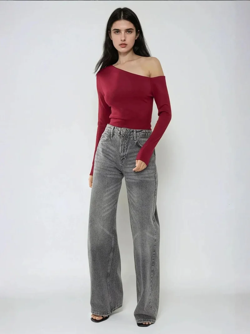 HICCUP Burgundy Red Asymmetrical Neck Long Sleeve Slim Fit Top for Women | Best Price UAE