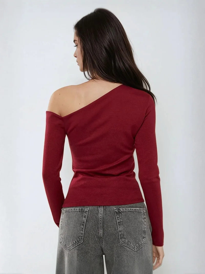HICCUP Burgundy Red Asymmetrical Neck Long Sleeve Slim Fit Top for Women | Best Price UAE