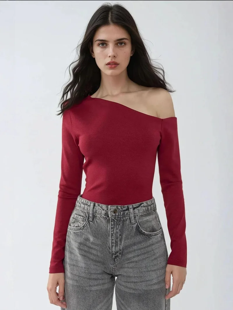 Hiccup Burgundy Red Asymmetrical Neck Long Sleeve Slim Fit Top for Women | Best Price UAE