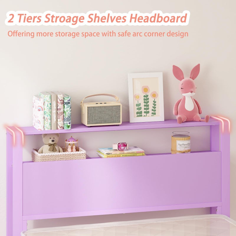 Weehom Twin Bed Frames for Kids with 2 Tiers Wood Storage Shelves Headboard, Twin Size Bed No Box Spring Needed Under Bed Storage Space Metal Platform for Girls and Adults, Purple - Image 4