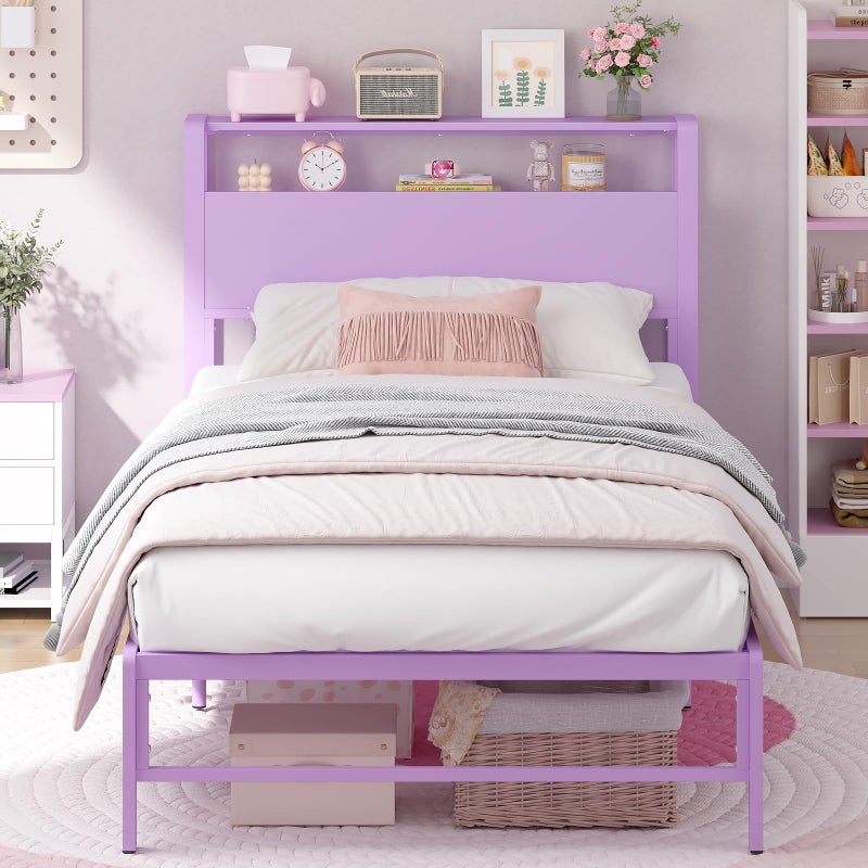 Weehom Twin Bed Frames for Kids with 2 Tiers Wood Storage Shelves Headboard, Twin Size Bed No Box Spring Needed Under Bed Storage Space Metal Platform for Girls and Adults, Purple - Image 1