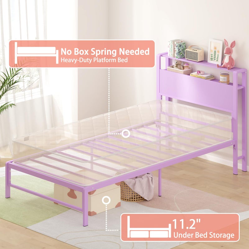 Weehom Twin Bed Frames for Kids with 2 Tiers Wood Storage Shelves Headboard, Twin Size Bed No Box Spring Needed Under Bed Storage Space Metal Platform for Girls and Adults, Purple - Image 5