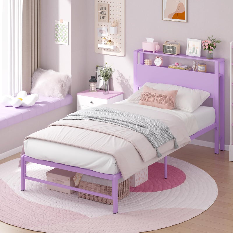 Weehom Twin Bed Frames for Kids with 2 Tiers Wood Storage Shelves Headboard, Twin Size Bed No Box Spring Needed Under Bed Storage Space Metal Platform for Girls and Adults, Purple - Image 2