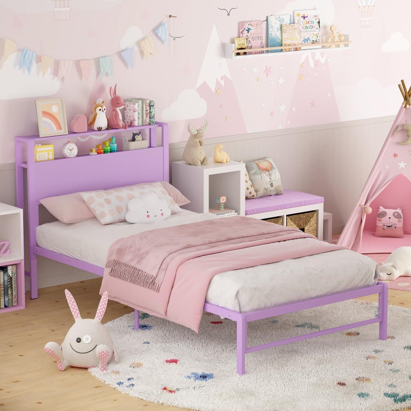 Weehom Twin Bed Frames for Kids with 2 Tiers Wood Storage Shelves Headboard, Twin Size Bed No Box Spring Needed Under Bed Storage Space Metal Platform for Girls and Adults, Purple - Image 3