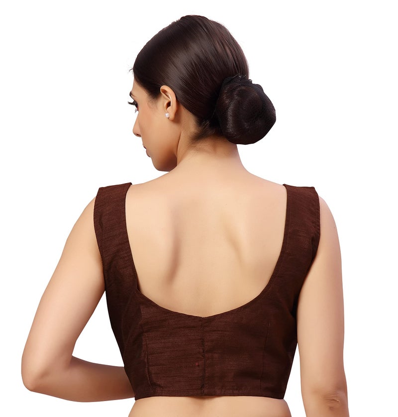 Studio Shringaar Women's Readymade Art Silk Sleeveless Saree Blouse (Brown, 40) - Image 2