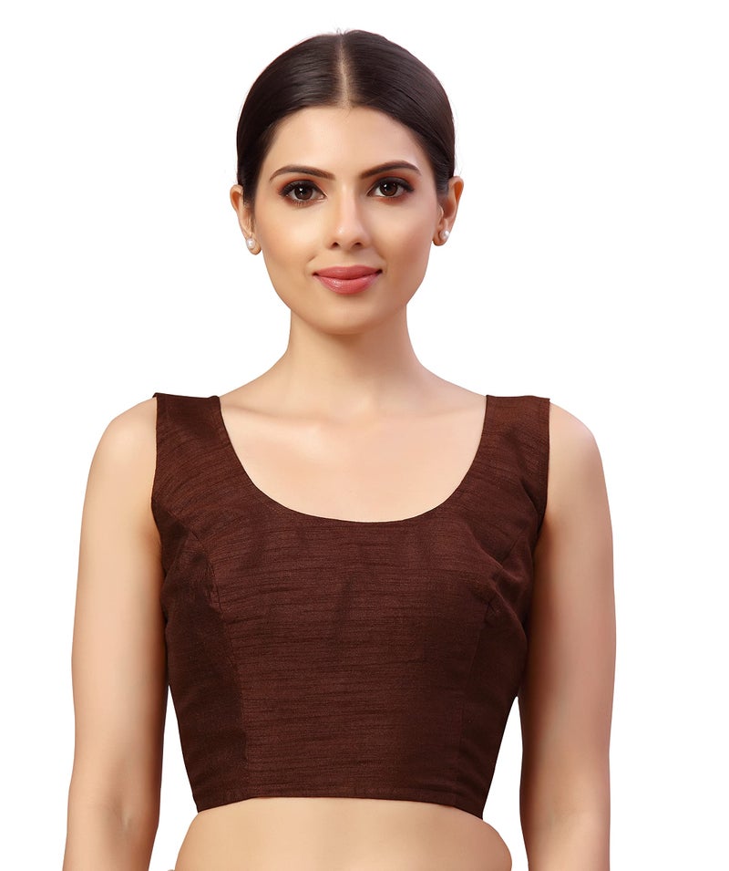 Studio Shringaar Women's Readymade Art Silk Sleeveless Saree Blouse (Brown, 40) - Image 1