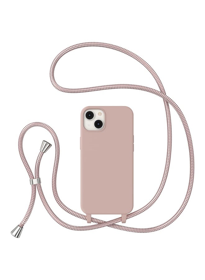 Crossbody Lanyard Case for iPhone 13, Liquid Silicone Protective Phone Cover with Adjustable Neck Cord, Pink - Image 1