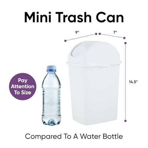 Superio Small 2.5 Gallon Plastic Trash Can with Swing Top Lid, Compact Slim Waste Bin for Under Desk, Office, Bedroom, Bathroom, Dorm Room, 10 Qt. Portable Garbage Can (White) - Image 2
