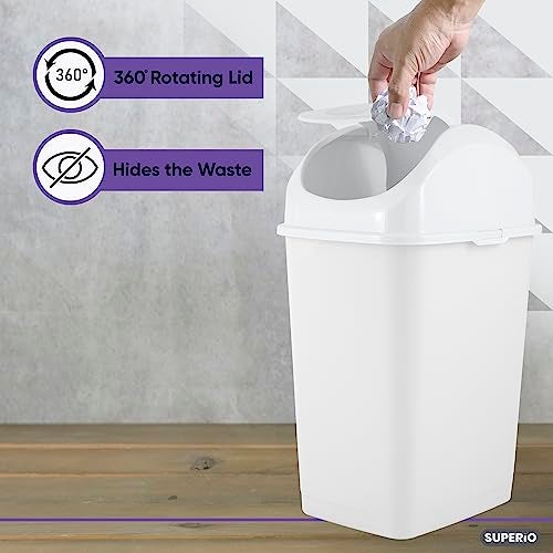 Superio Small 2.5 Gallon Plastic Trash Can with Swing Top Lid, Compact Slim Waste Bin for Under Desk, Office, Bedroom, Bathroom, Dorm Room, 10 Qt. Portable Garbage Can (White) - Image 4