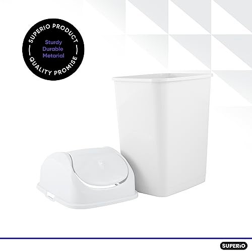 Superio Small 2.5 Gallon Plastic Trash Can with Swing Top Lid, Compact Slim Waste Bin for Under Desk, Office, Bedroom, Bathroom, Dorm Room, 10 Qt. Portable Garbage Can (White) - Image 3