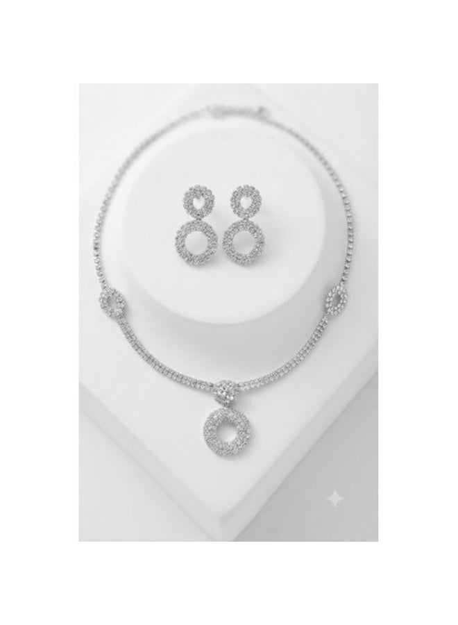 Platinum-Finish Pave Rhinestone Circle Jewelry Set with Necklace and Earrings