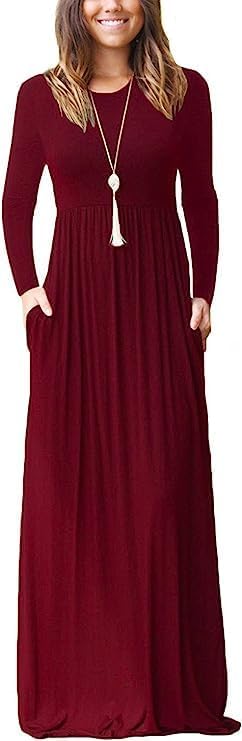 MISFAY Women's Long Sleeve Loose Plain Maxi Dresses Casual Long Dresses Pocket(Wine Red,XL) - Image 2