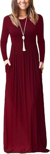 MISFAY Women's Long Sleeve Loose Plain Maxi Dresses Casual Long Dresses Pocket(Wine Red,XL) - Image 1