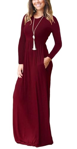 MISFAY Women's Long Sleeve Loose Plain Maxi Dresses Casual Long Dresses Pocket(Wine Red,XL) - Image 3