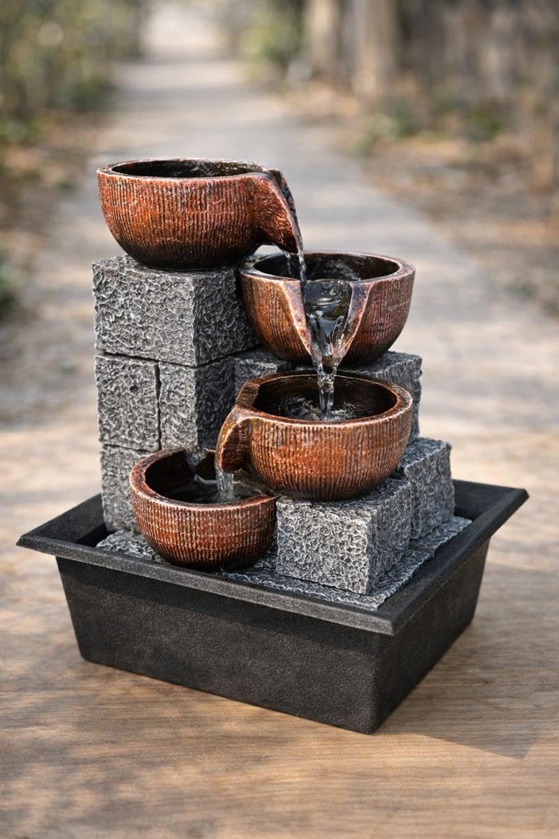 Chibro Polyresin Tabletop Indoor Water Fountain for Home, Living Room & Office Décor | Antique Leaf Design | Peaceful Water Flow Showpiece (4-Step Bowl Waterfall) - Image 3