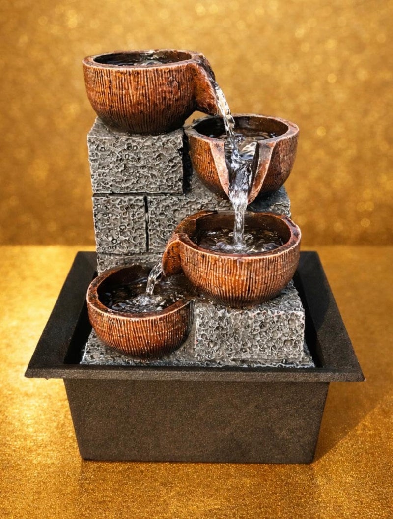 Chibro Polyresin Tabletop Indoor Water Fountain for Home, Living Room & Office Décor | Antique Leaf Design | Peaceful Water Flow Showpiece (4-Step Bowl Waterfall) - Image 1