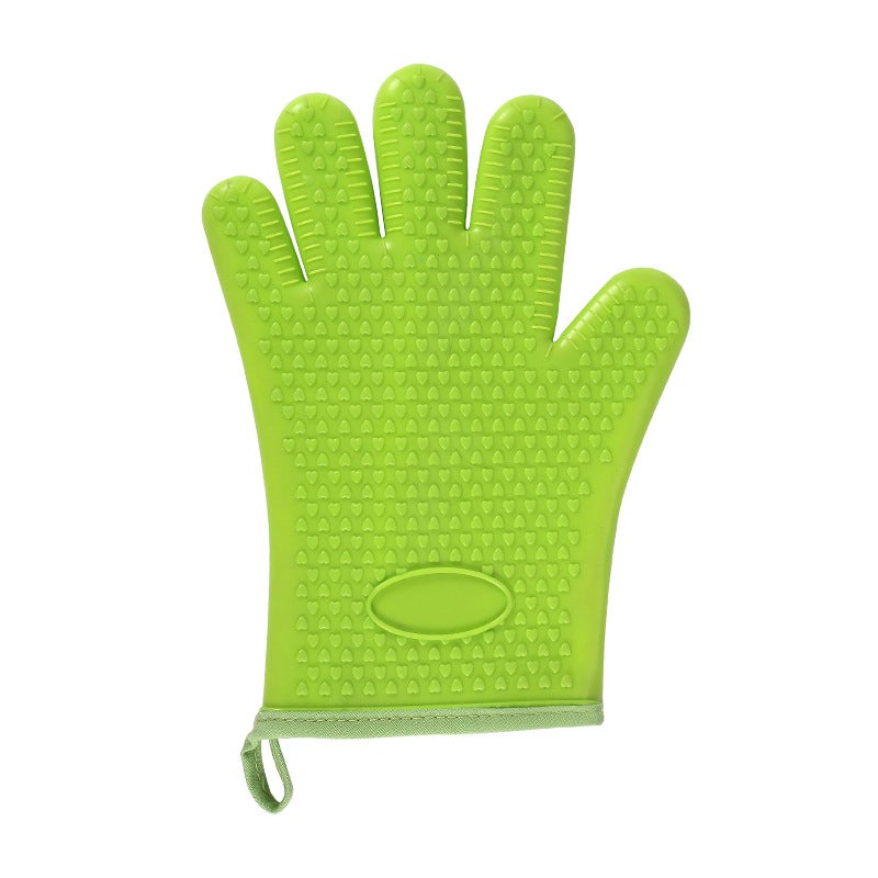 Silicone Heat Insulating Gloves Thickened High Temperature Resistant Kitchen Baking Tools Oven Microwave Oven Cotton Anti-Scalding Anti-Slip Gloves Short Green (single) 
