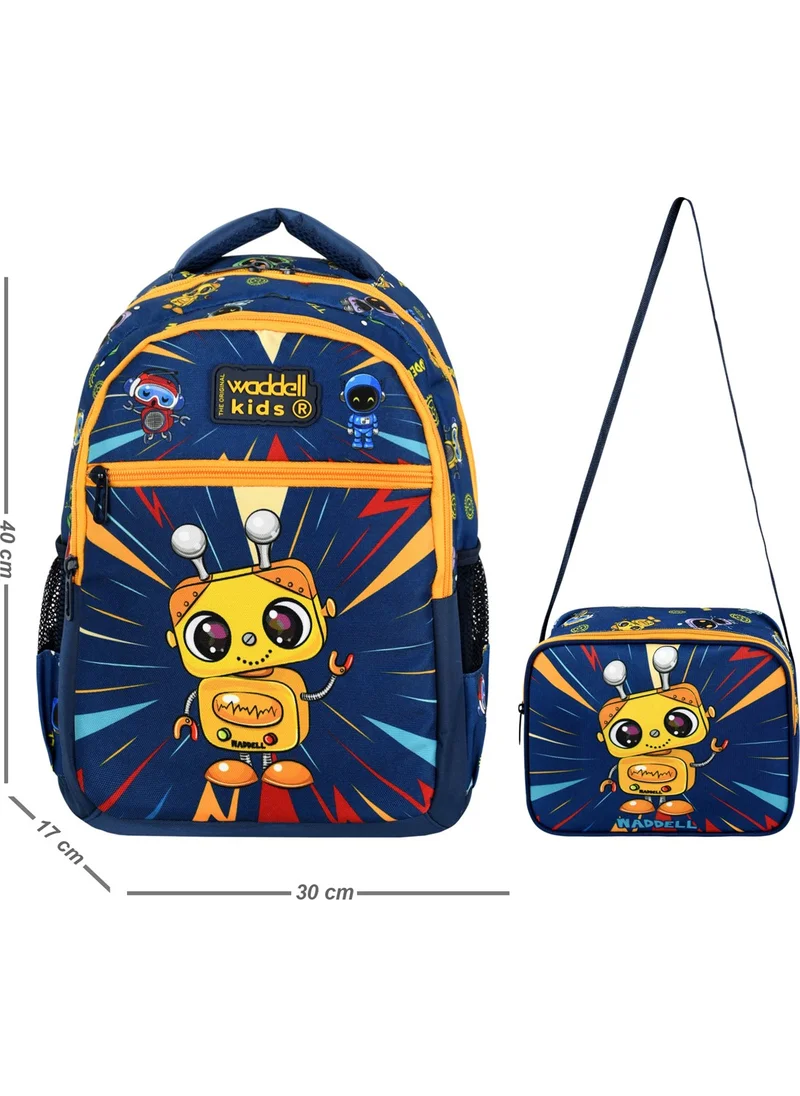 Waddell Licensed Navy Blue Yellow Robot Patterned Boys Primary School Backpack and Lunch Bag