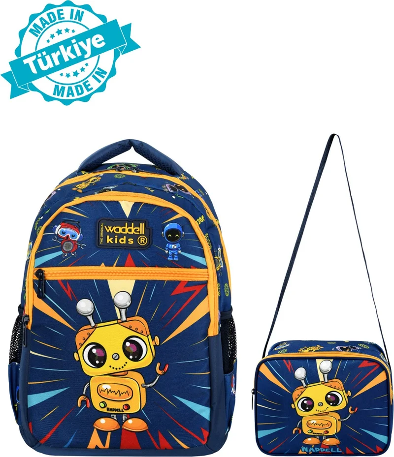 Waddell Licensed Navy Blue Yellow Robot Patterned Boys Primary School Backpack and Lunch Bag