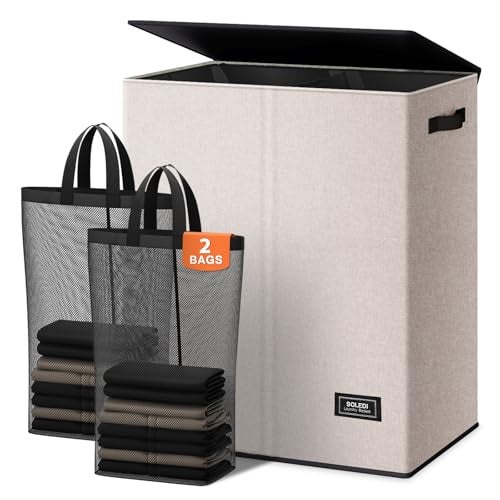 SOLEDI Large Double Laundry Hamper with Lid Collapsible Clothes Hamper 2 section with Removable Bags SpaceSaving Laundry Basket for Bedroom Dorm College