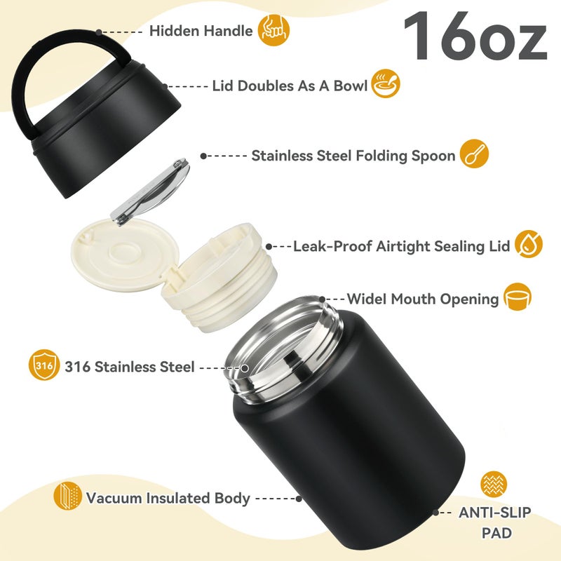 HAWEEK Soup Thermo for Hot Food Kids 16oz Insulated Food Jar Leakproof Thermo Lunch Container for Kids Wide-Mouth Stainless Steel Lunch Box for School with Handle Folding Spoon(3+)â€‹ - Image 4