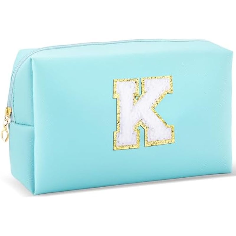 Gifts for Girls Initial Makeup Bag Personalized Cosmetic Bag with Zipper Cute Travel Toiletry Bag Waterproof PU Preppy Makeup Pouch Birthday Gift for Teen Girls Women(Blue K) - Image 1