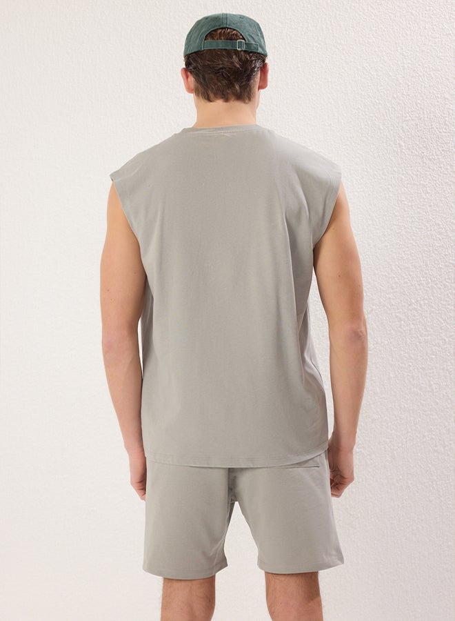 trendyol Gray 2Piece Oversize/Wide Cut TankShorts 100% Cotton Tracksuit Set - Image 4