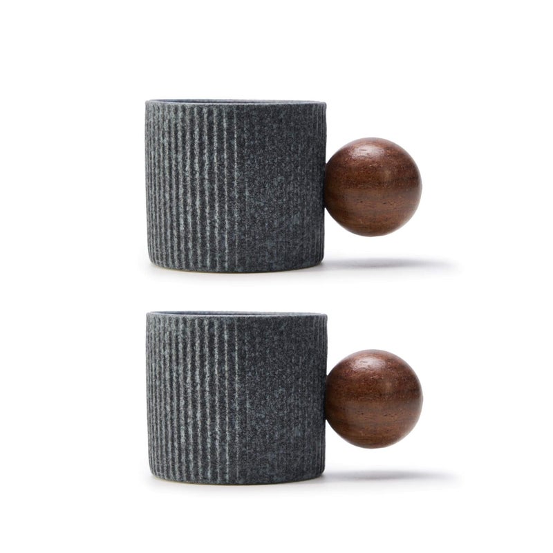 CLASGLAZ Ceramic Mini Espresso Cups Demitasse Cups with Round Wooden Handle Vertical Stripes Tea Cups (gray, 2pcs) - Image 1