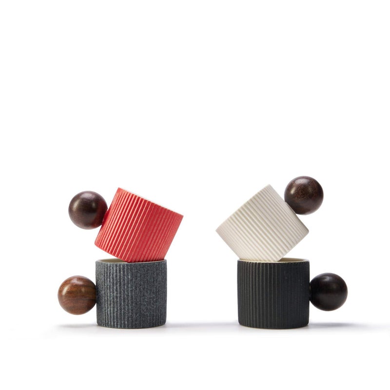 CLASGLAZ Ceramic Mini Espresso Cups Demitasse Cups with Round Wooden Handle Vertical Stripes Tea Cups (gray, 2pcs) - Image 2